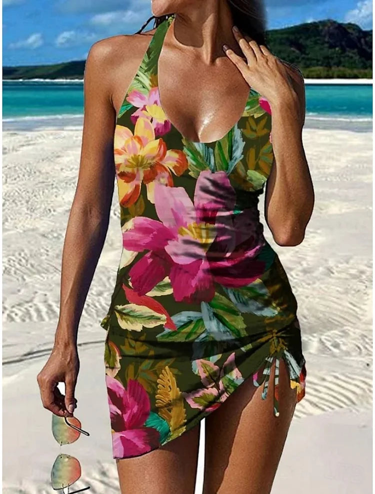 Fiesta – Graficzny kwiatowy tankini z szortami, efekt płaskiego brzucha
