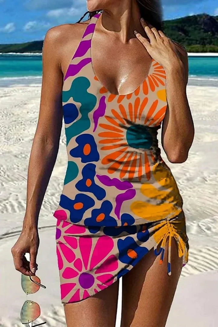 Fiesta – Graficzny kwiatowy tankini z szortami, efekt płaskiego brzucha