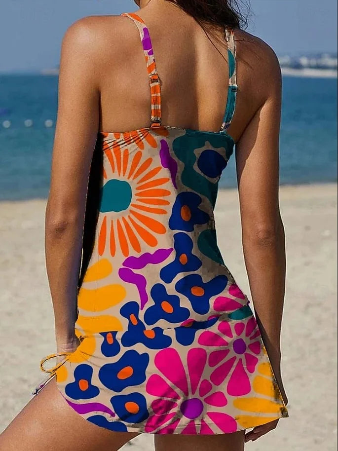 Fiesta – Graficzny kwiatowy tankini z szortami, efekt płaskiego brzucha