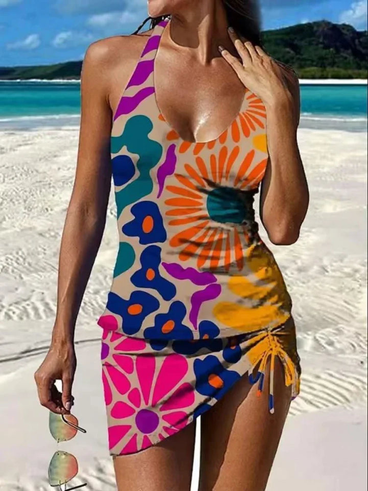 Fiesta – Graficzny kwiatowy tankini z szortami, efekt płaskiego brzucha