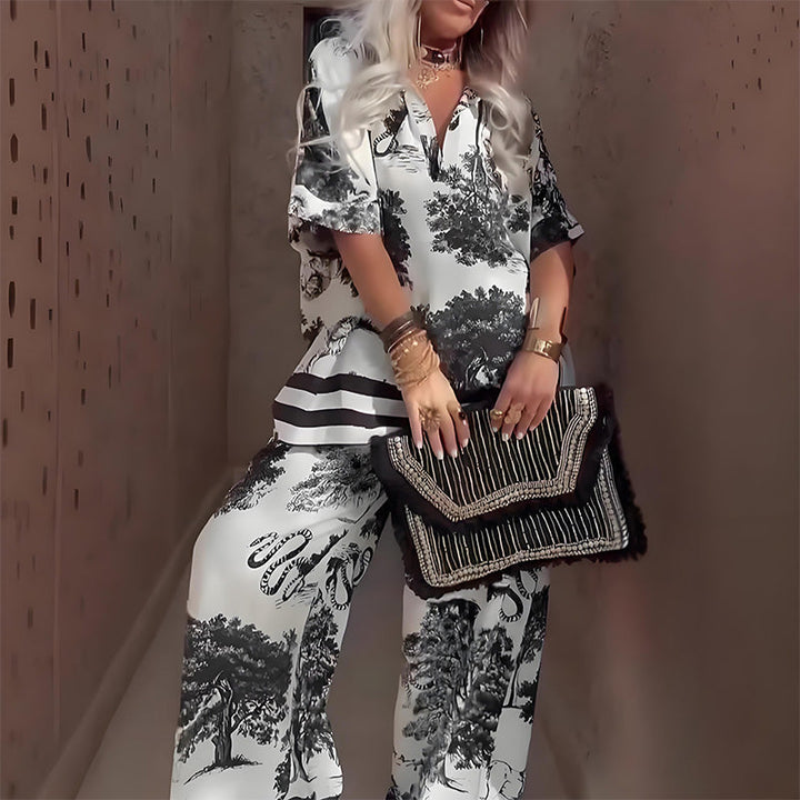 Linette™ Wzorzysty Top z Dekoltem w Serek i Długie Spodnie